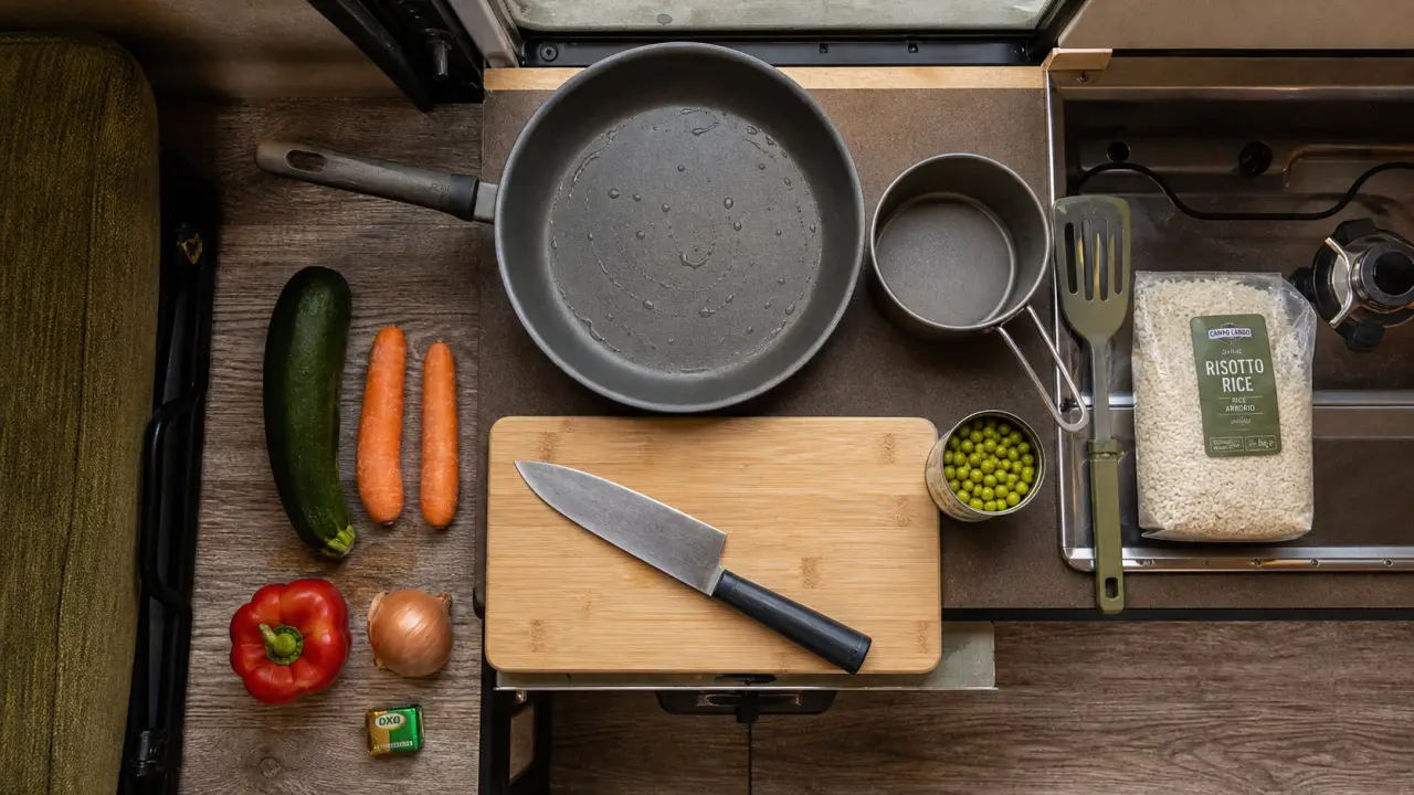 Repas camping car : poêle et casserole avec ingrédients sur la kitchenette