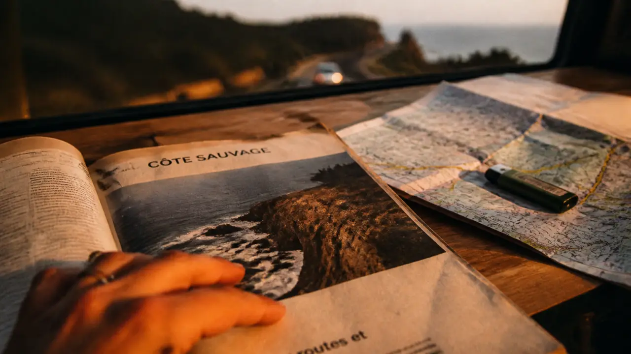 Road trip magazine : magazine et carte routière sur table en bois