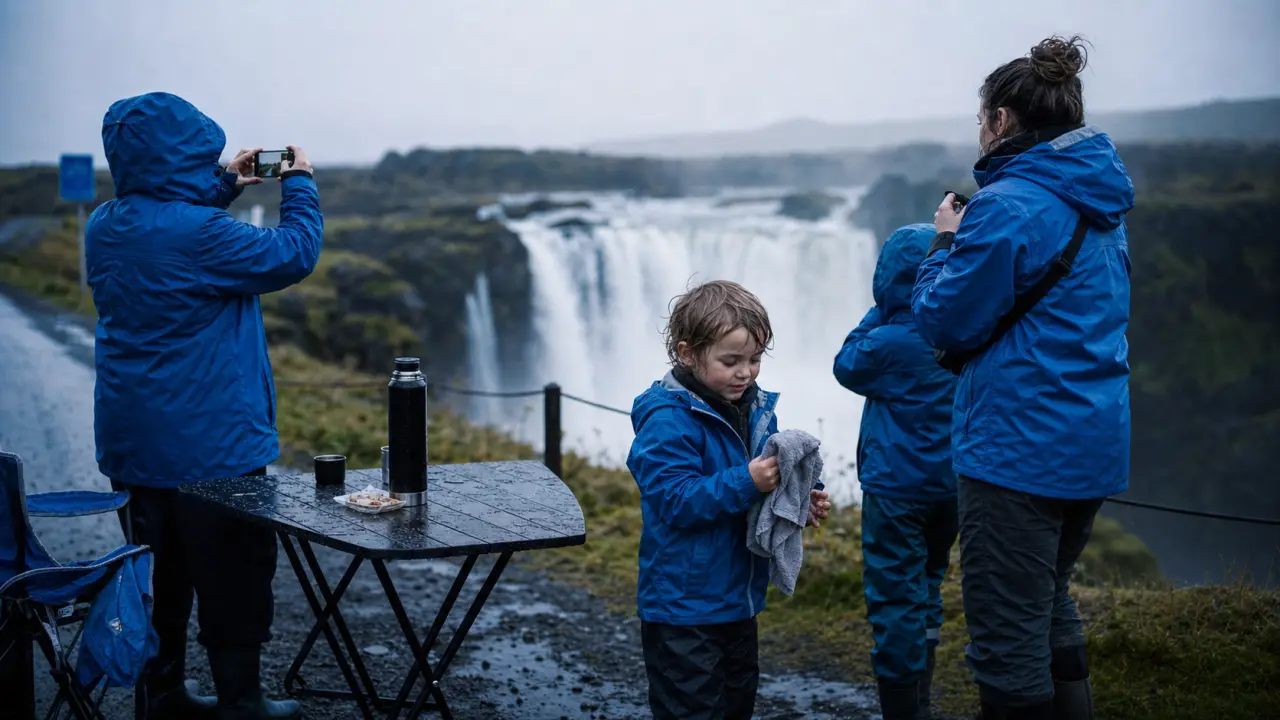 Voyage en islande en famille : cascade, enfants en imperméables, road-trip