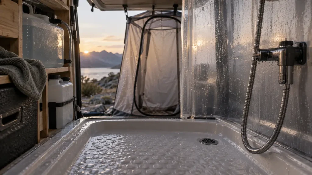 Douche en van aménagé : 5 à 10 litres d’eau pour se laver sans épuiser l’autonomie