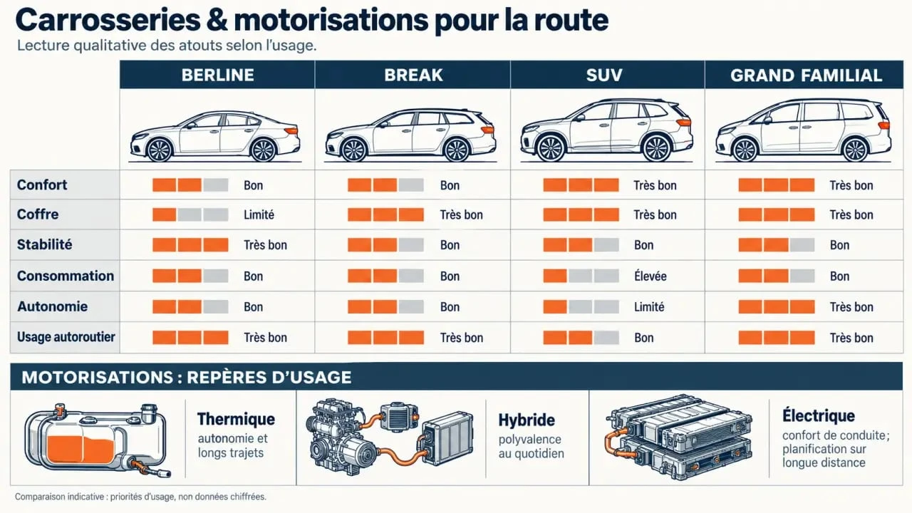 Voiture route : comparaison des carrosseries et motorisations pour les longs trajets