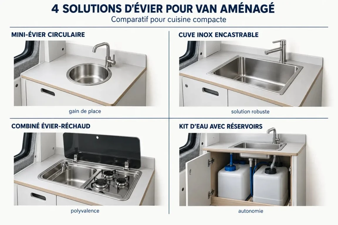 Les quatre formats d’évier van aménagé : mini-évier, évier inox, combiné évier-réchaud et kit d’eau