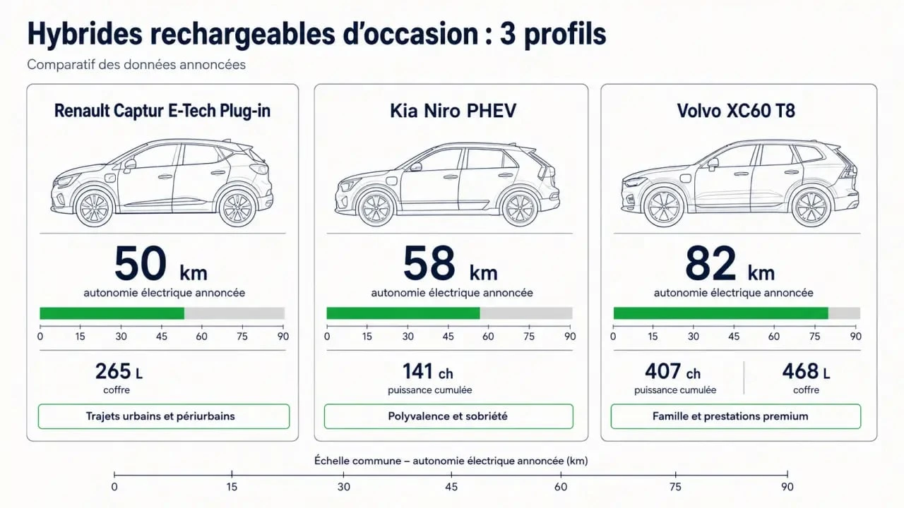 Meilleure hybride rechargeable occasion : comparaison du Captur E-Tech, du Kia Niro PHEV et du Volvo XC60 T8
