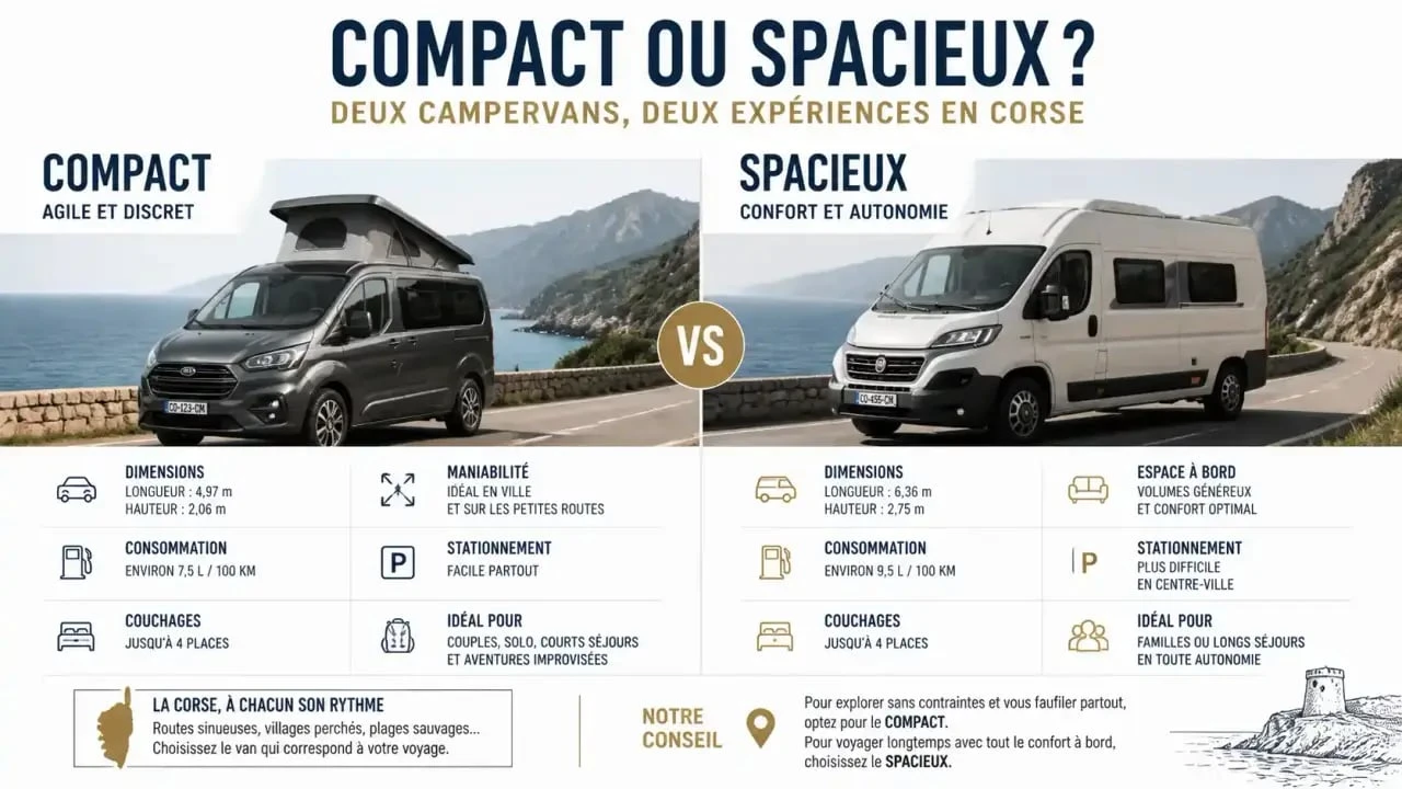 Comparaison de véhicules pour une location de camping-car en Corse : van aménagé contre camping-car profilé