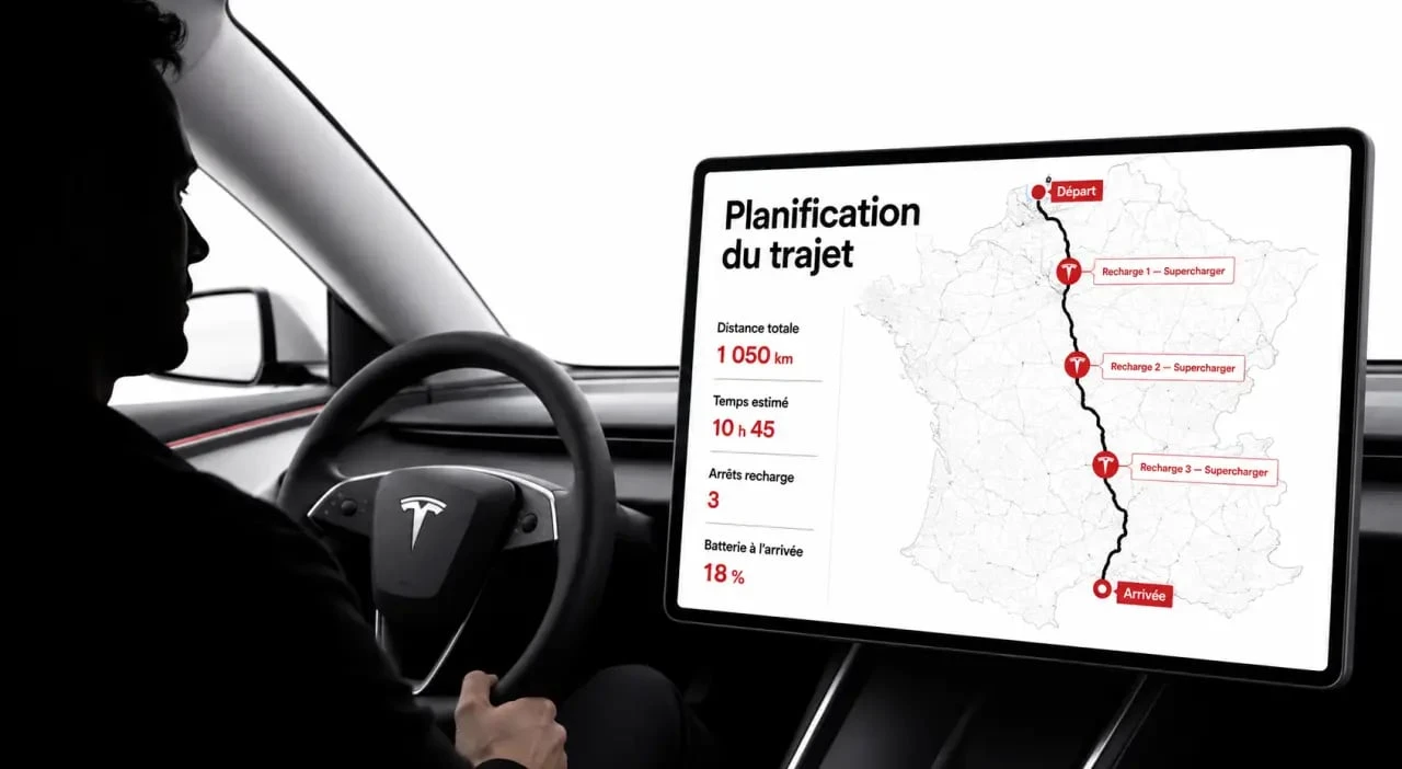itineraire tesla : préparation d’un long trajet avec arrêts Supercharger sur l’écran de navigation