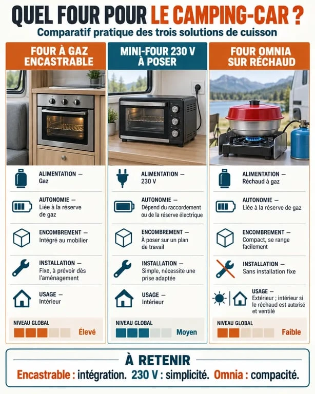 Infographie comparative des solutions de four camping car à gaz, électrique 230 V et Omnia