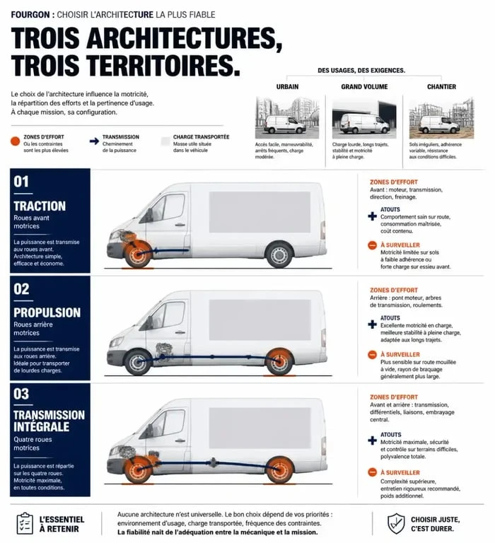 Infographie comparative pour choisir un fourgon fiable et robuste mécaniquement selon la transmission et la charge