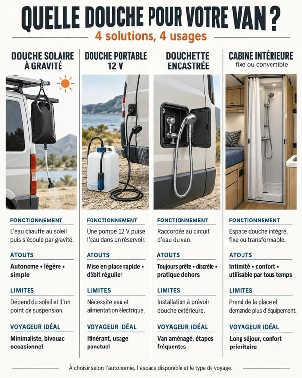Infographie comparative des solutions de douche van aménagé