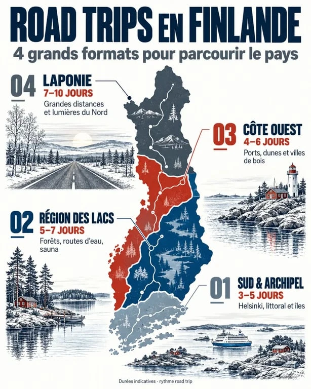 Infographie des régions et durées pour un road trip Finlande