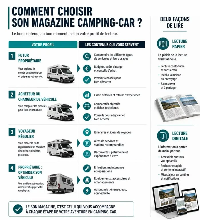 Infographie pour choisir un magazine camping car selon son profil de voyageur