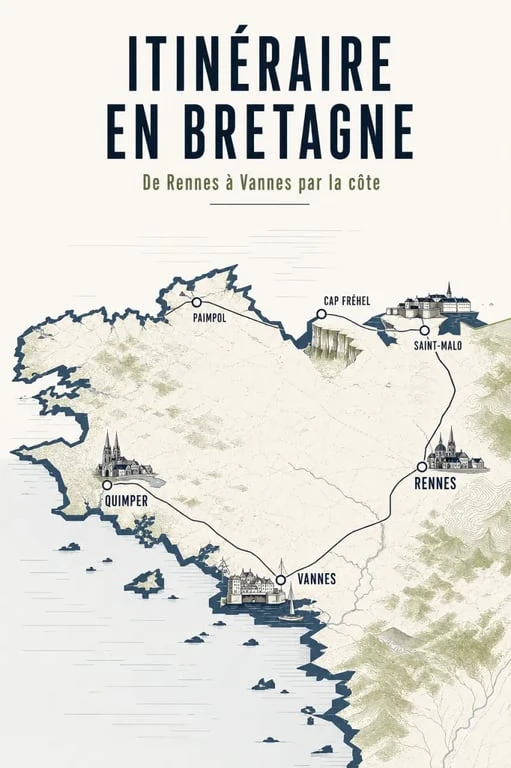 Itineraire en Bretagne : carte éditoriale du parcours de Rennes à Saint-Malo, Cap Fréhel, Quimper et Vannes