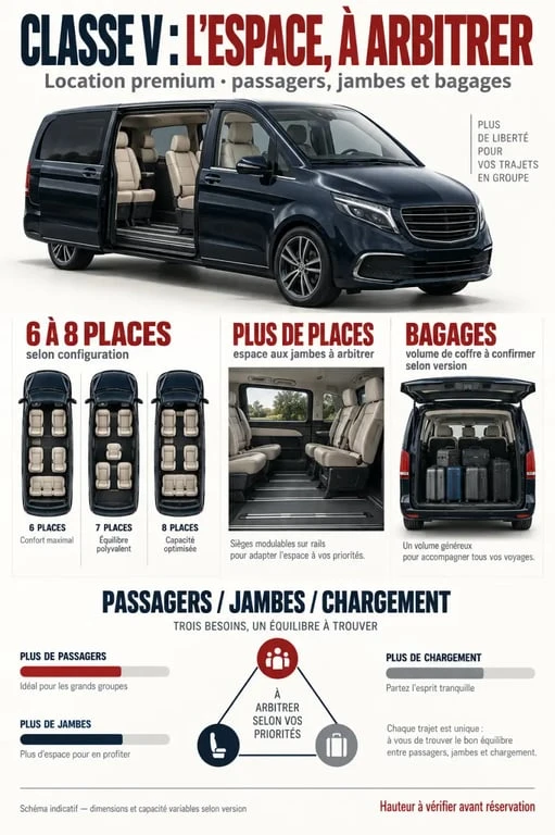 Infographie sur la location Classe V avec capacité de 6 à 8 places et espace pour les bagages