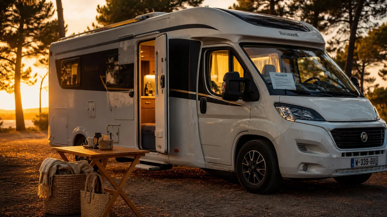 Location camping car profilé 4 places, permis B visible dans le véhicule