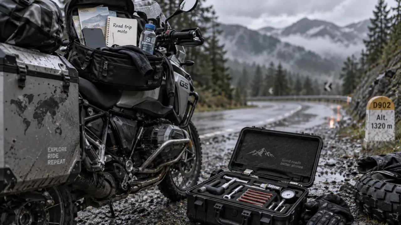 Motorbike road trip : moto préparée avec papiers et kit de crevaison
