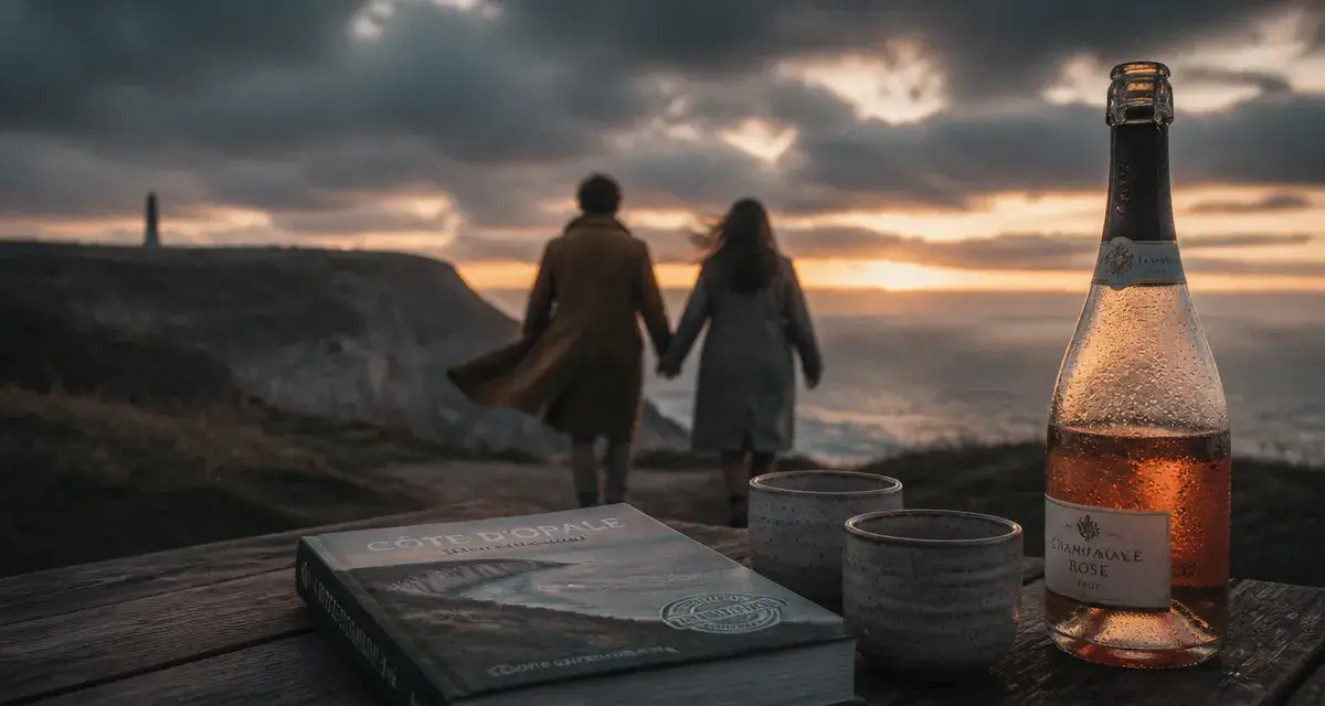 Week end en amoureux Hauts-de-France : champagne rosé sur une terrasse, couple marche sur la Côte d’Opale au Cap Blanc-Nez