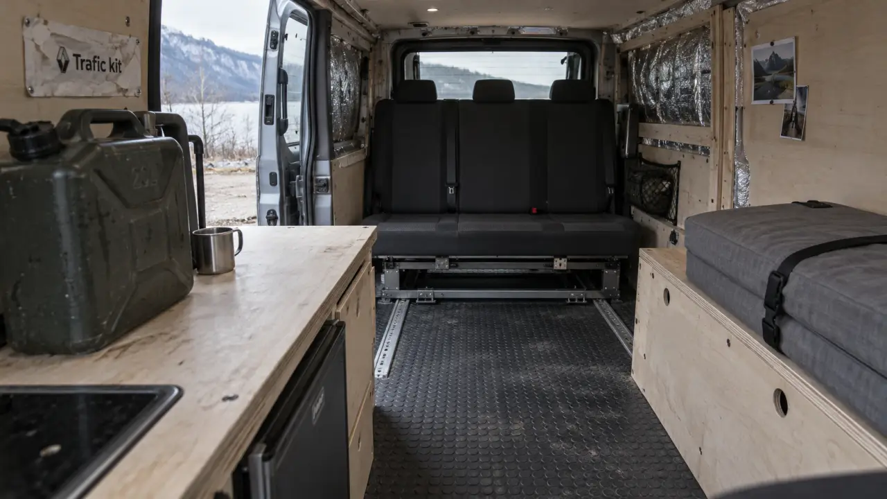 Aménager trafic Renault Trafic : aménagement kit démontable, plan de travail et zone couchage