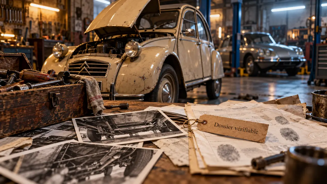 Citroen vieilles voitures : 2CV en atelier, documents de travaux