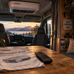 Climatisation camping car sur toit, télécommande et notice dans le camping-car