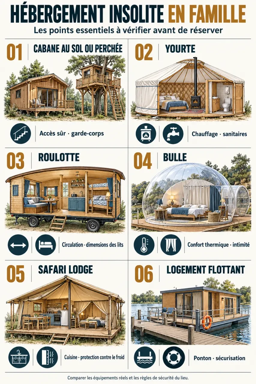 Infographie pour choisir un hébergement insolite en famille selon l’âge des enfants, l’accès et le confort