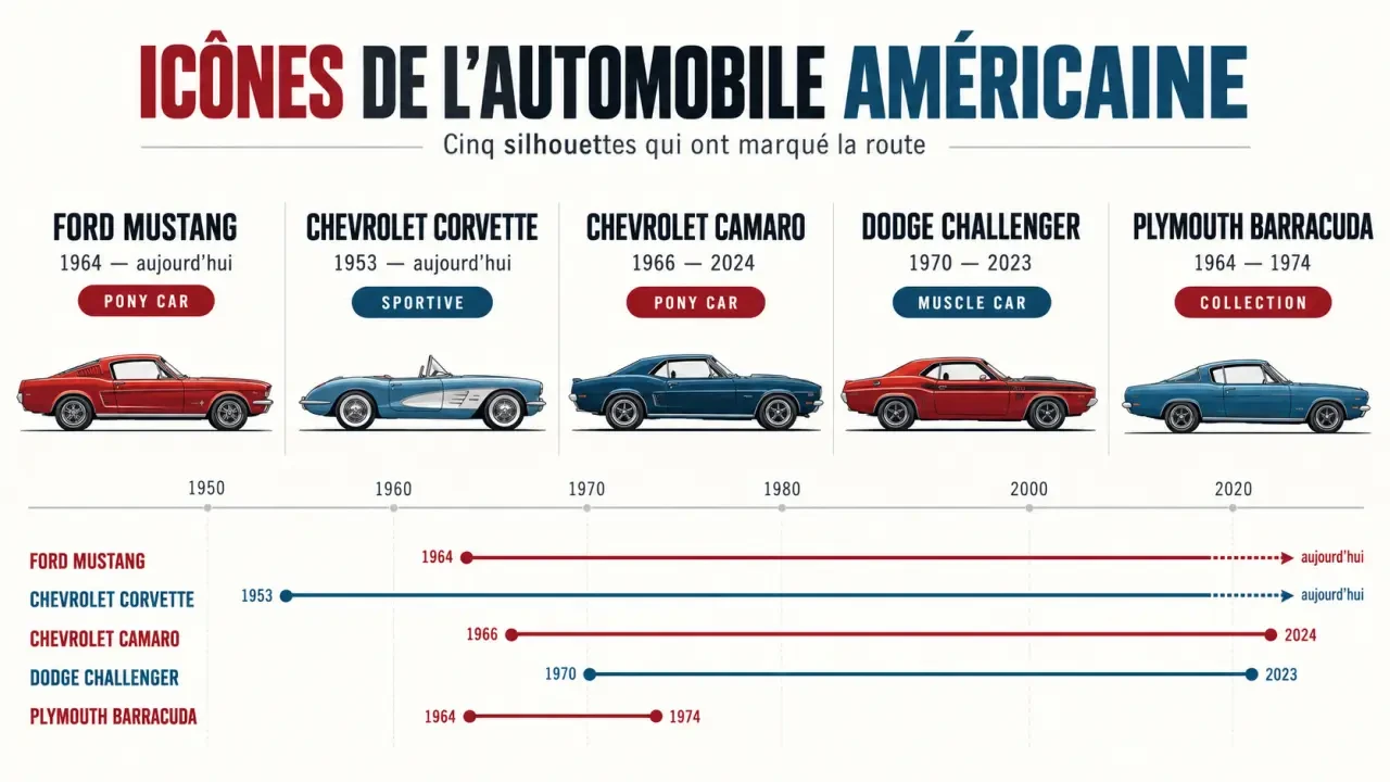 Voitures américaines emblématiques : Mustang, Corvette, Camaro, Challenger et Barracuda