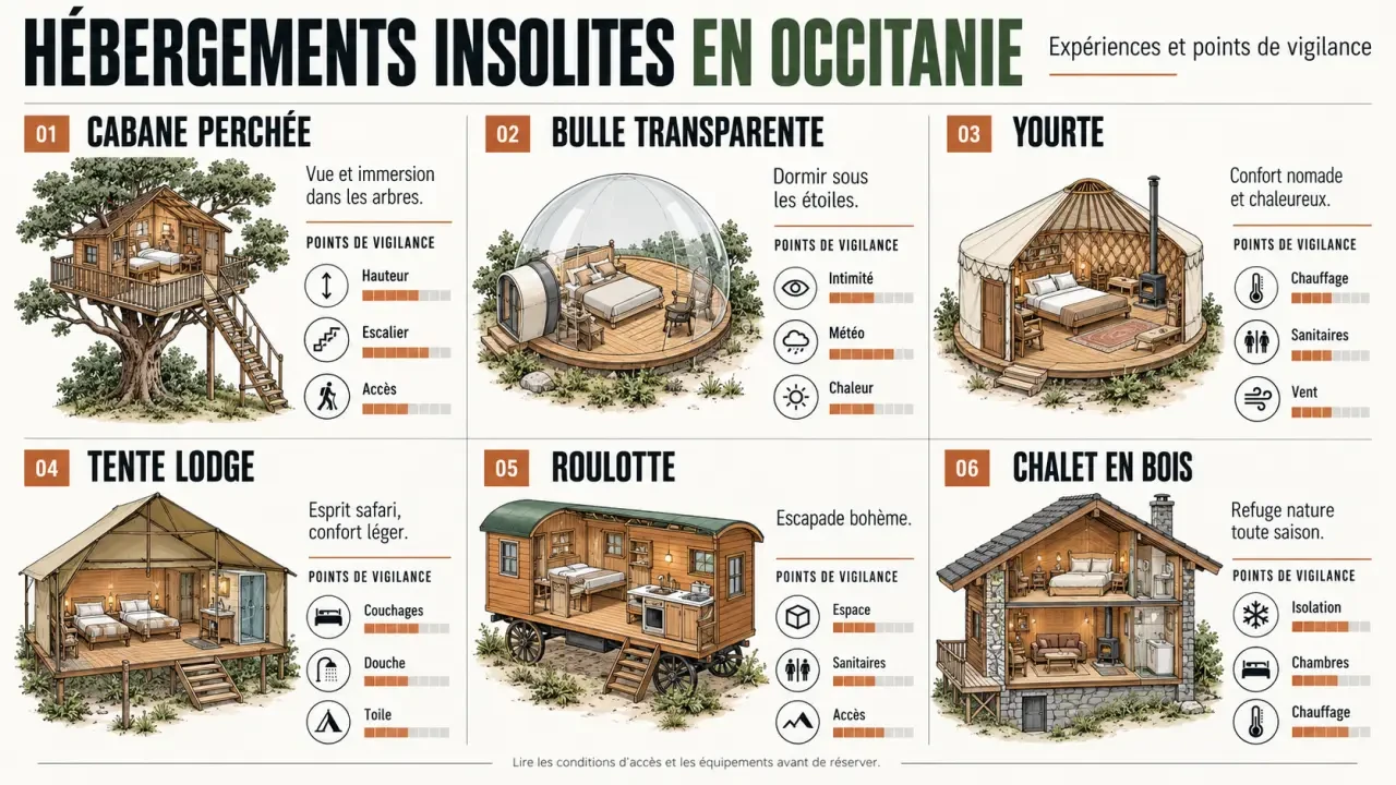 Infographie sur l’hébergement insolite en Occitanie : cabane, bulle, yourte, roulotte, tente lodge et chalet