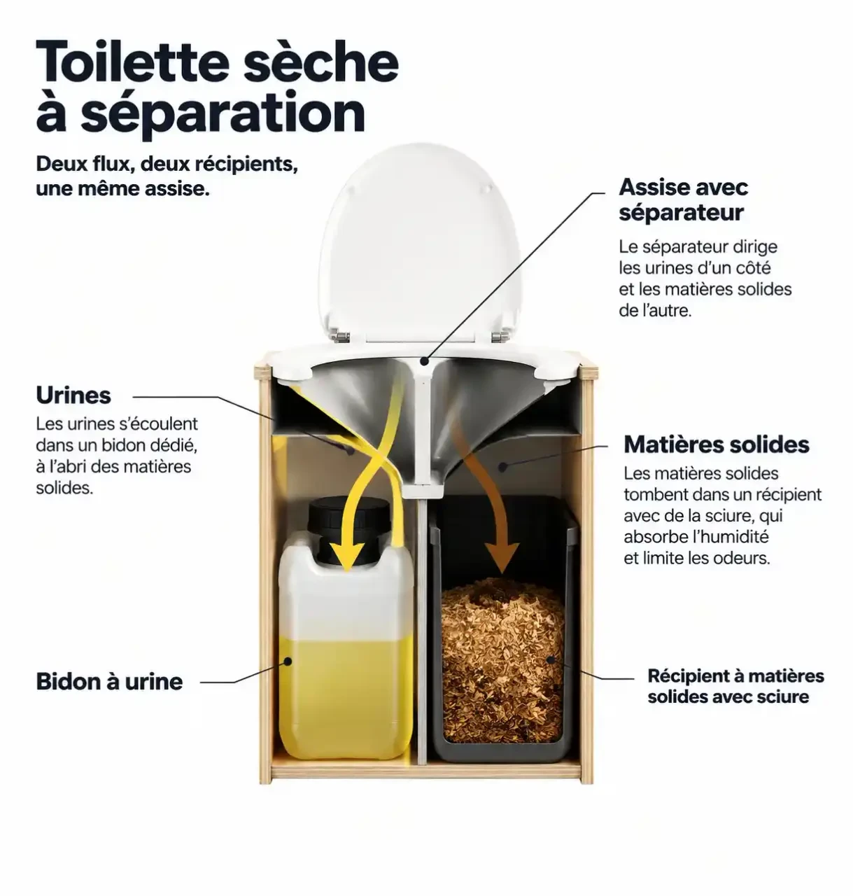 Schéma d'une toilette sèche dans un camping-car : trajet des urines et des matières solides dans un séparateur
