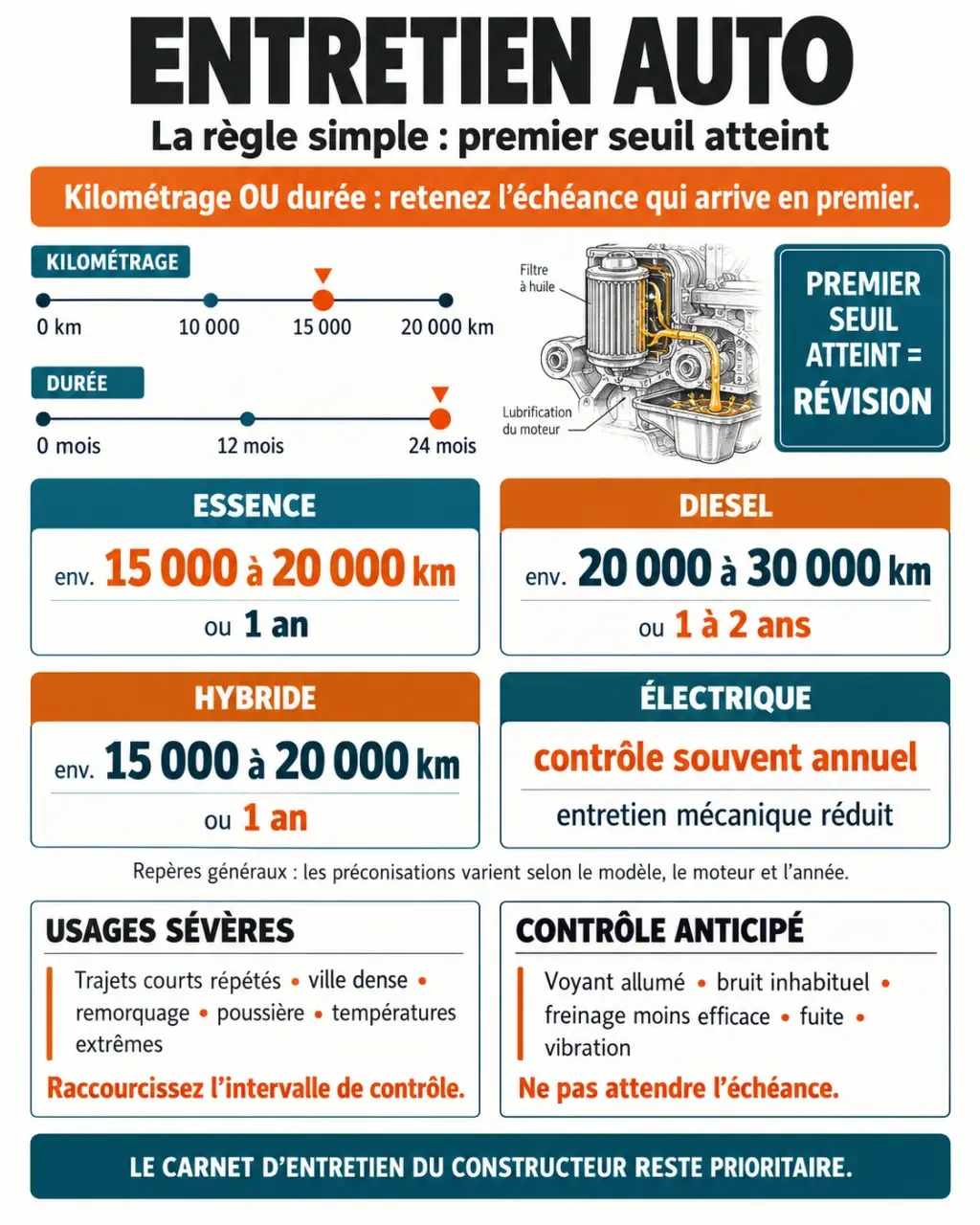 Infographie entretien voiture tous les combien selon la motorisation et le kilométrage