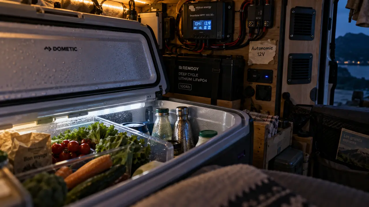 Frigo camping car à compression 12V dans van aménagé, autonomie et espace
