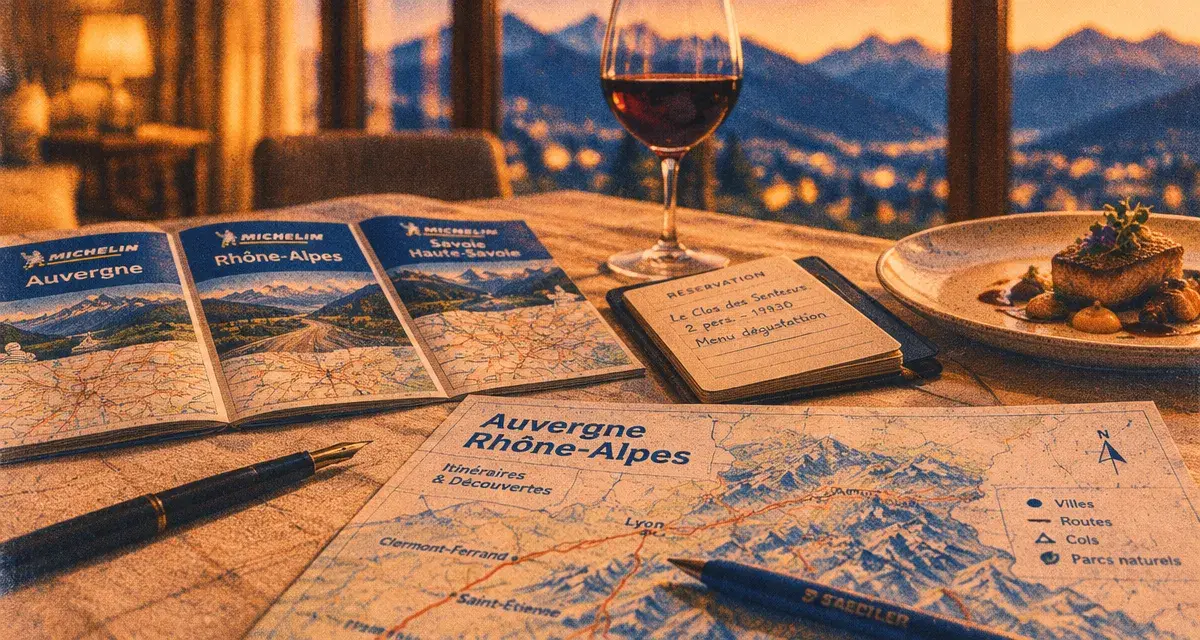 Guide michelin auvergne rhone alpes : table avec cartes Michelin et menu dégustation