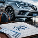 Location voiture compacte : 5 personnes, 3 valises sur parking urbain mouillé