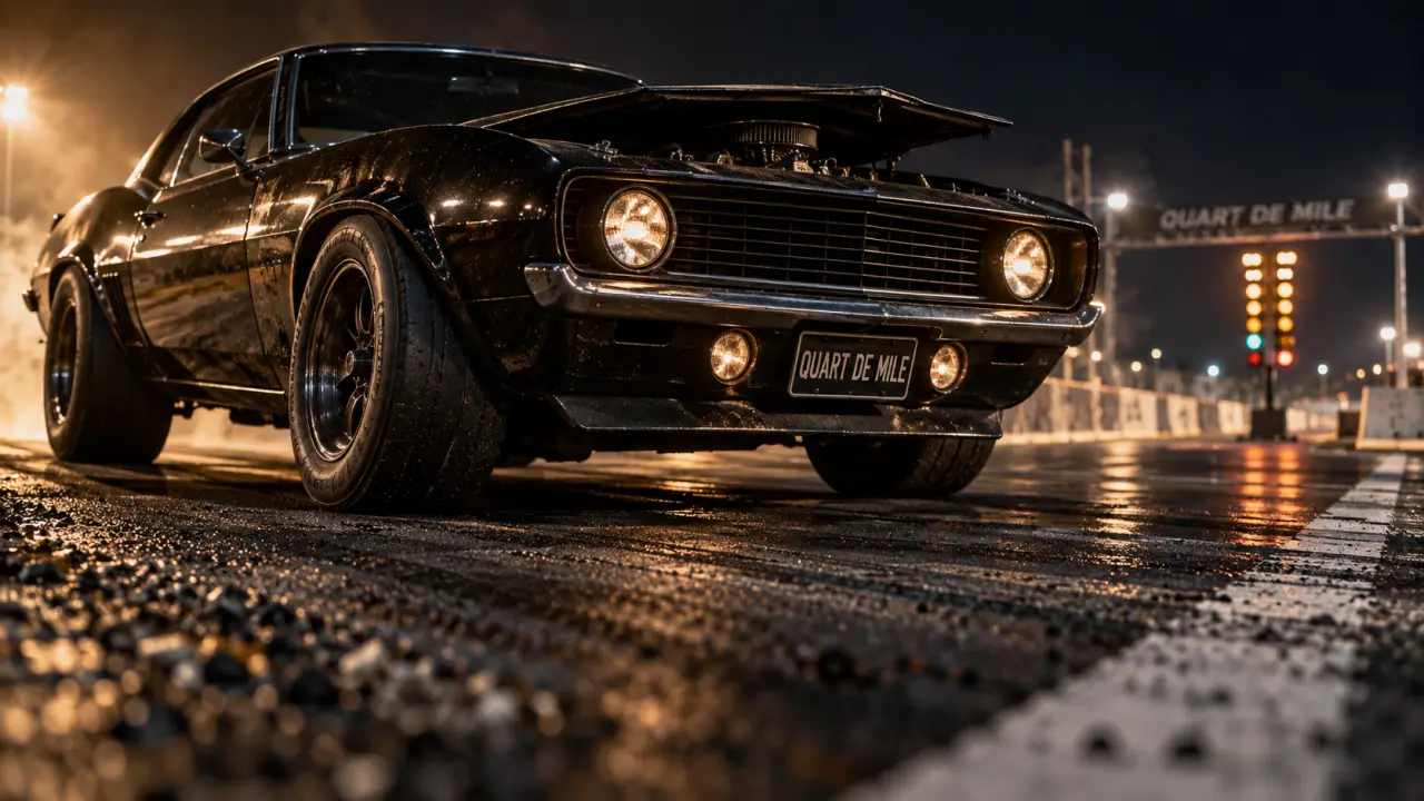 Muscle car americain V8 au départ du quart de mile