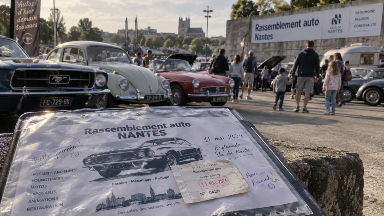 Rassemblement voiture ce week end nantes : voitures anciennes et panneau municipal