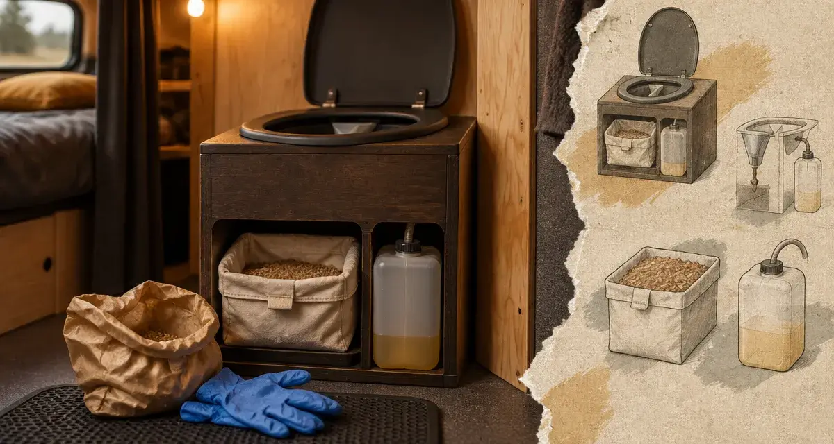 Toilette seche dans camping car, vue proche : bac sciure et urines